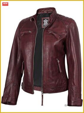 Real Lambskin Leather Cafe Racer Jacket with Quilted Shoulders